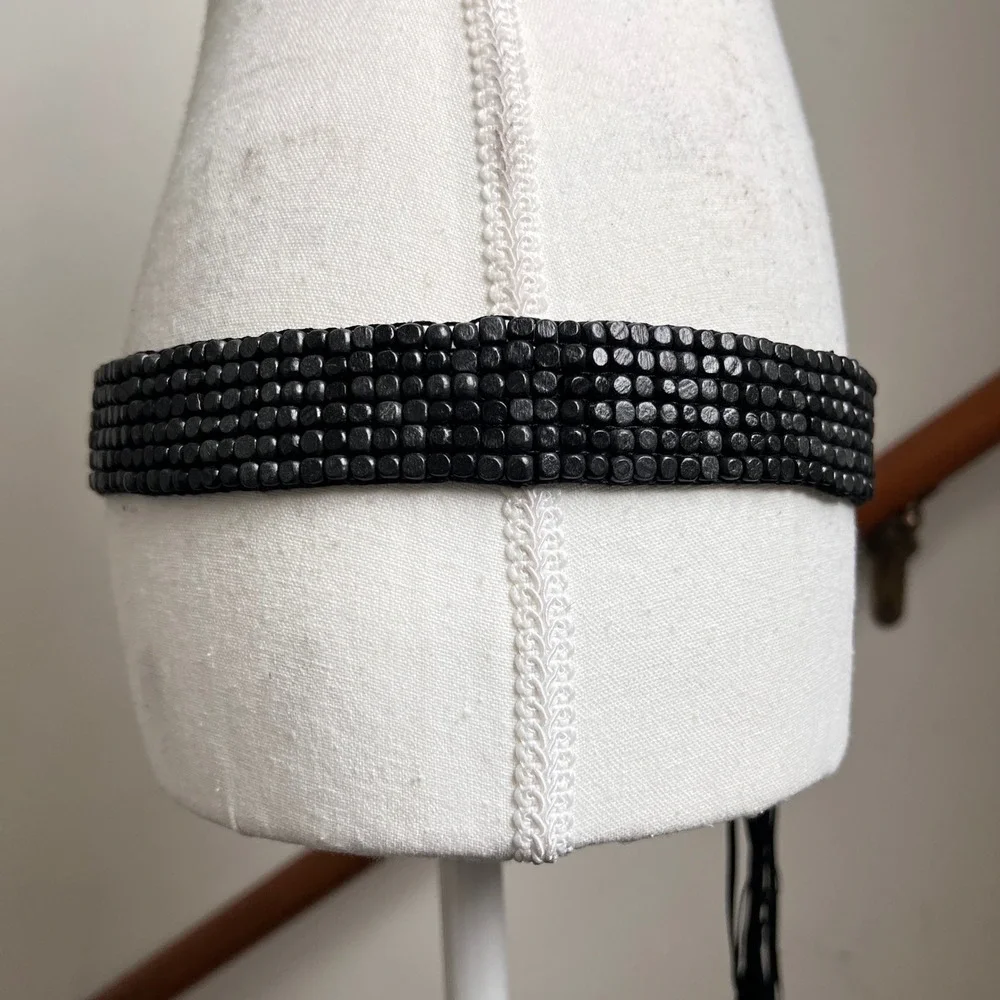 Vintage Beaded Waist Belt One Size Black Wood Cube Tie Closure Boho Western Goth